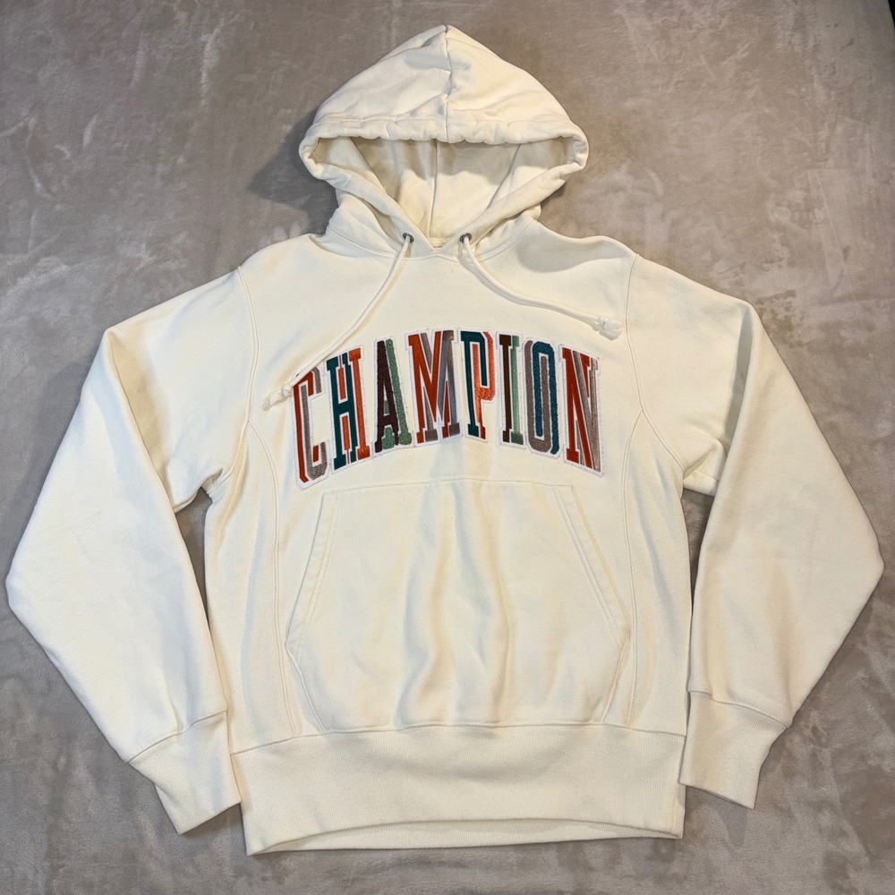 Champion Reverse Weave Hoodie Cream Multi Color Embroidered Logo S2974 Small